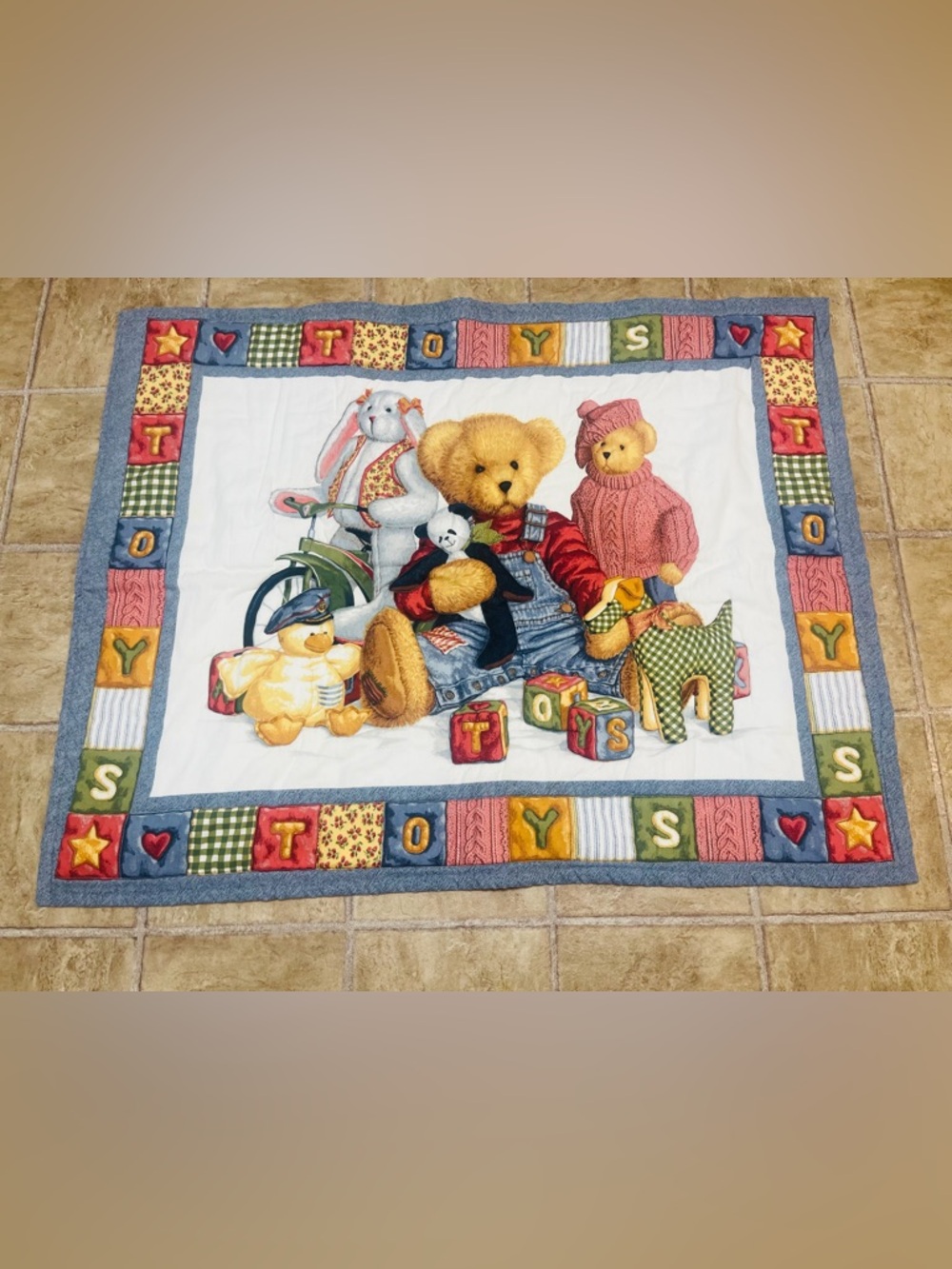 1990’s VTG Daisy Kingdom "Blue Jean Teddy" Toy Blocks Quilt/Wall Accent/Playmat
